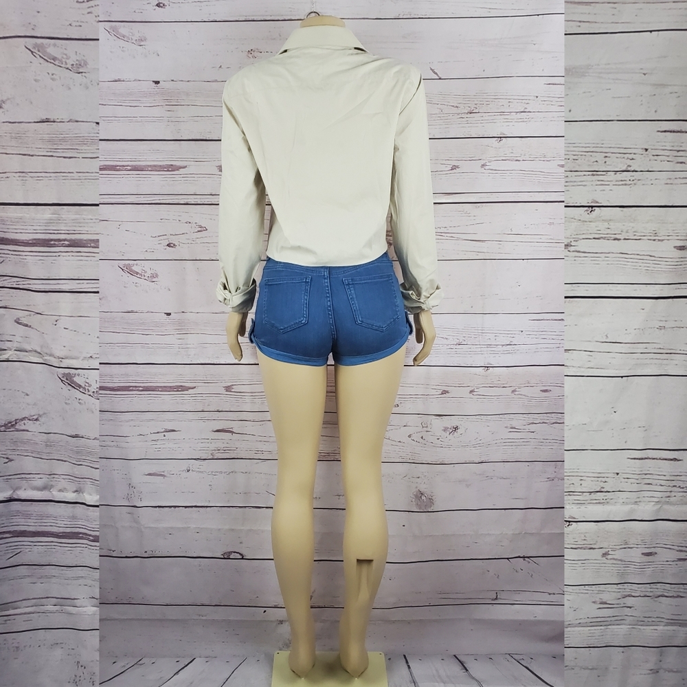 Small Beige Short Sleeve Button Front Crop Top Casual Summer Shirt - Picture 3 of 7
